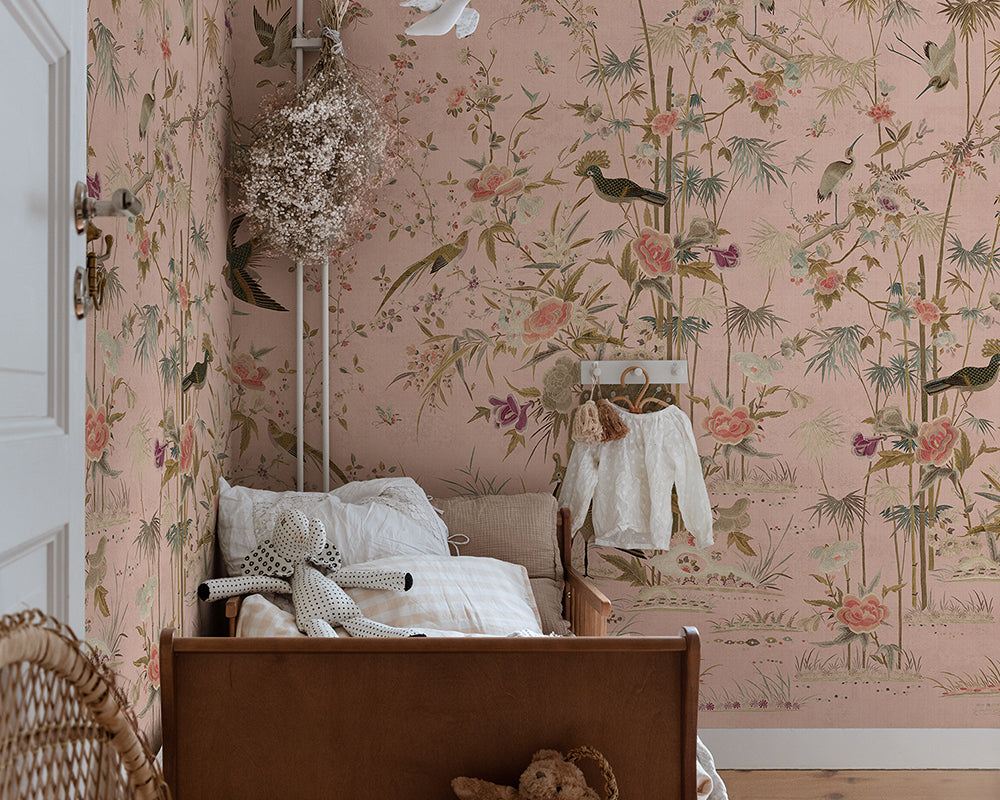 Sandberg Chinoiserie Garden Wallpaper in Pink  in a kids bedroom set up