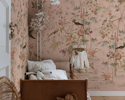 Sandberg Chinoiserie Garden Wallpaper in Pink  in a kids bedroom set up