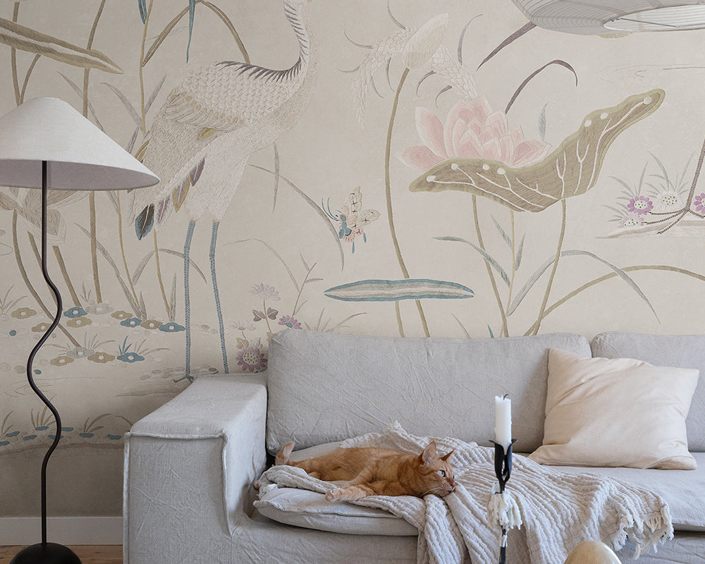 Sandberg Seabirds Wallpaper in Sandstonein a living room set up