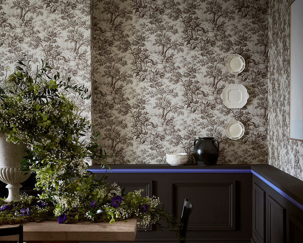 Little Greene Chocolate Colour 124 Paint with wallpaper