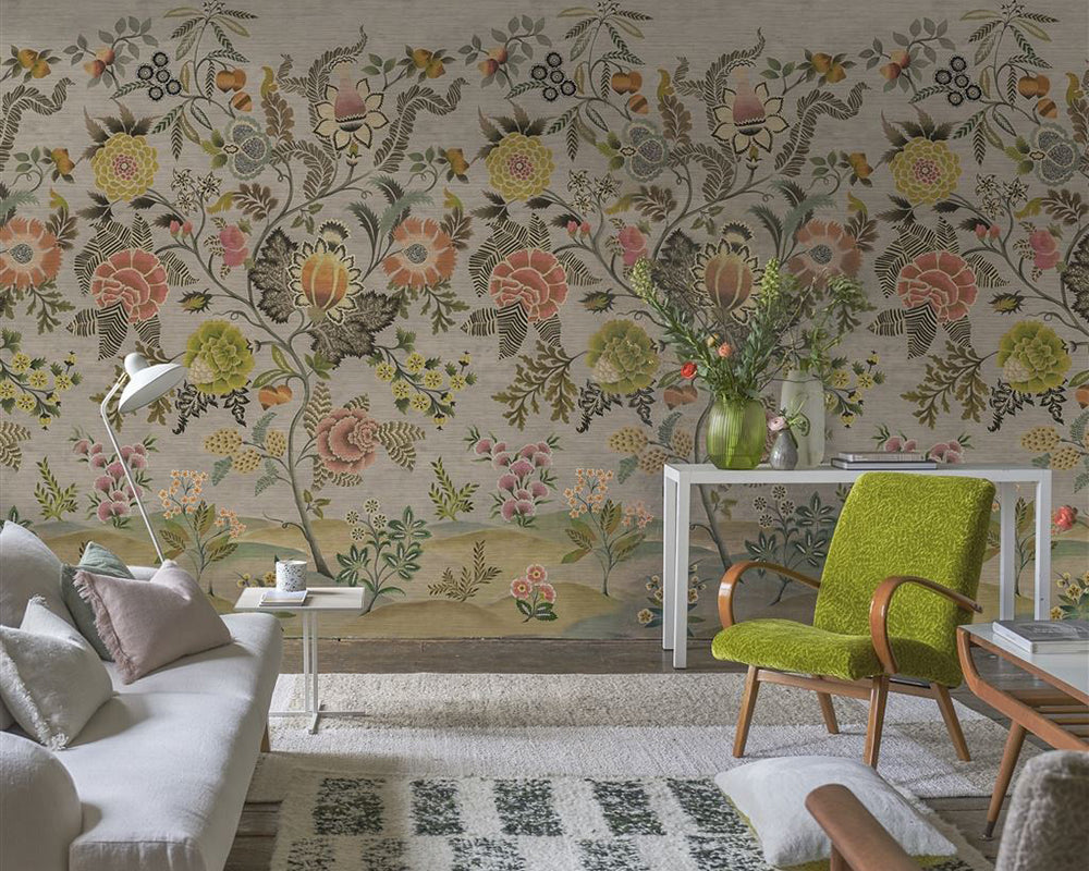 Designers Guild Brocart Decoratif Wallpaper on a wall in a stylish living room