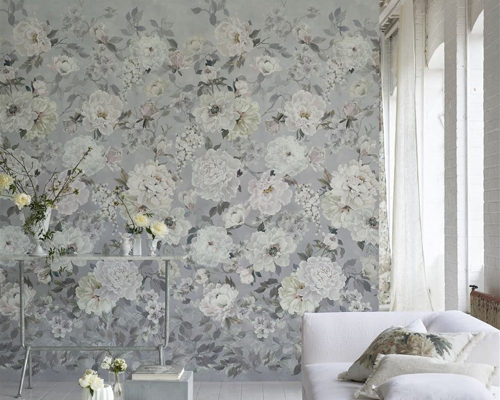 Designers Guild Fleur Blanche Wallpaper on a wall in a living room