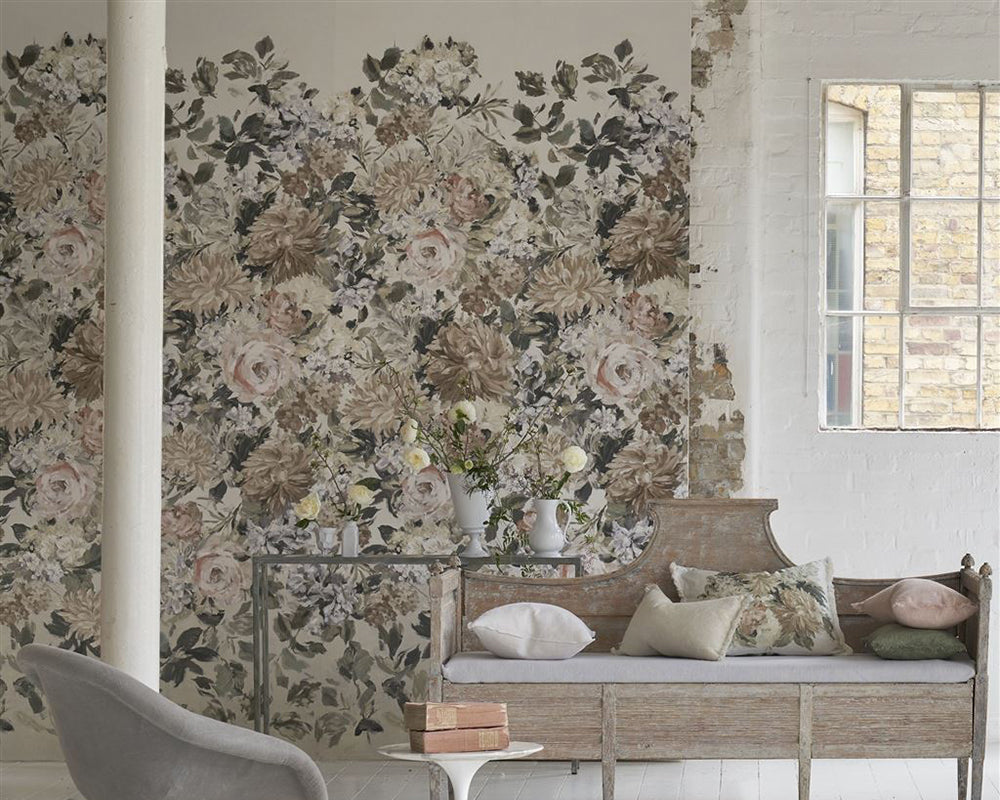 Designers Guild Fleurs D Artistes Wallpaper in a rustic room with wooden furniture
