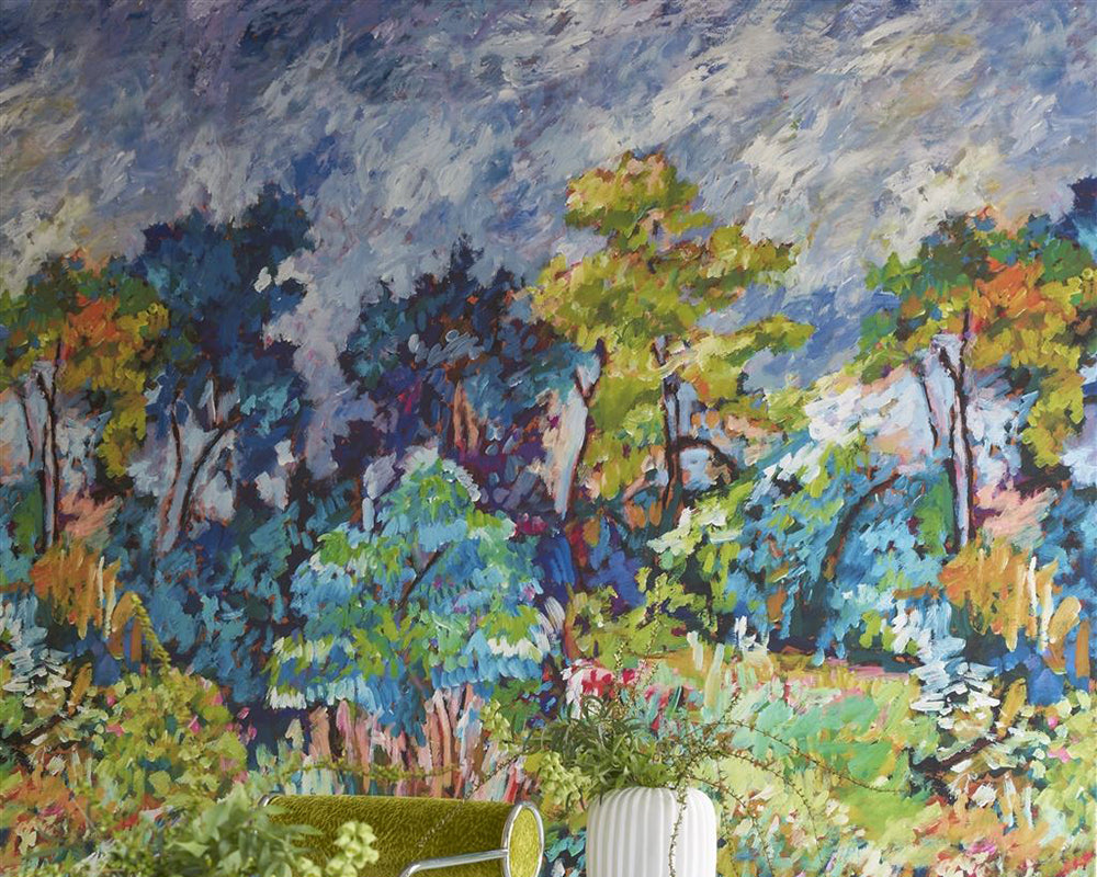 Designers Guild Foret Impressionnniste Wallpaper on a wall in a living room