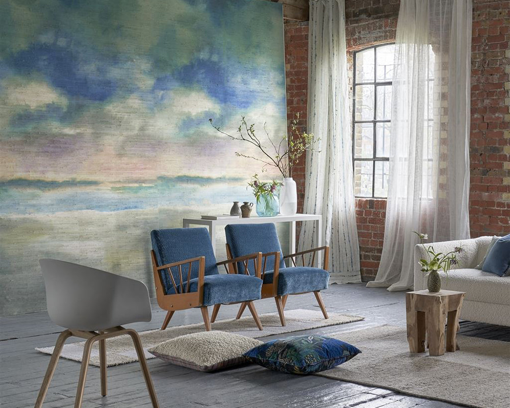 Designers Guild Paysage Marin Grasscloth Wallpaper in a stylish living room