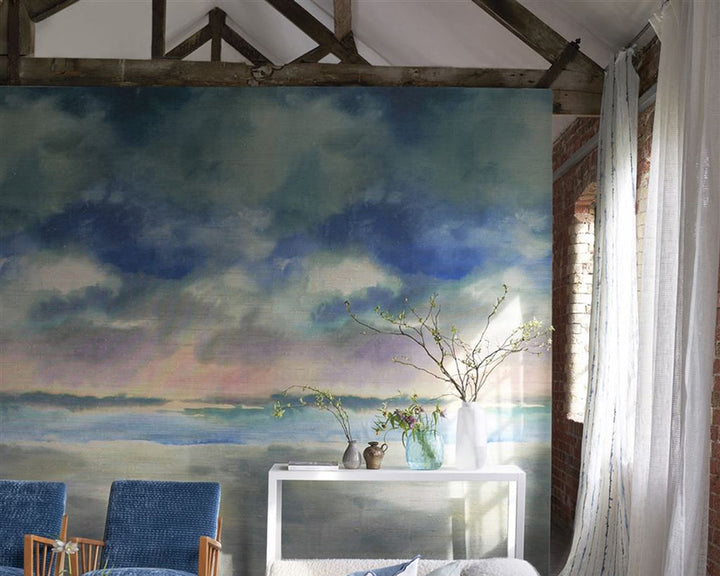 Designers Guild Paysage Marin Grasscloth Wallpaper in a living room