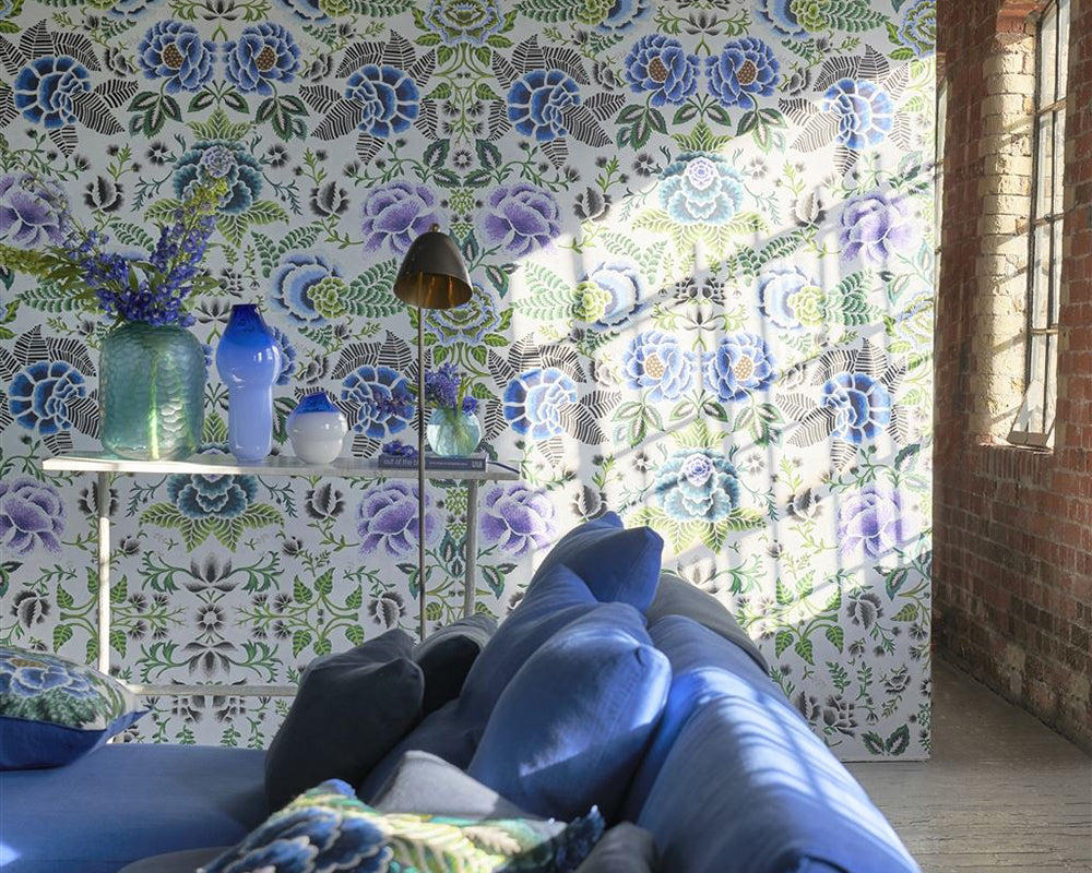 Designers Guild Rose de Damas Wallpaper on a wall in a living room