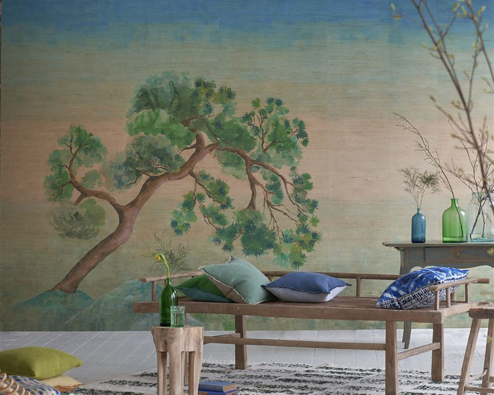 Designers Guild Scene D Arbre Grasscloth Wallpaper on a wall in a living room