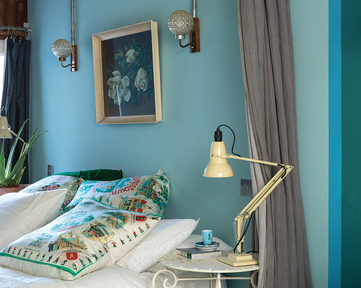 Blue Ground 210 paint by Farrow & Ball on the walls of a bedroom