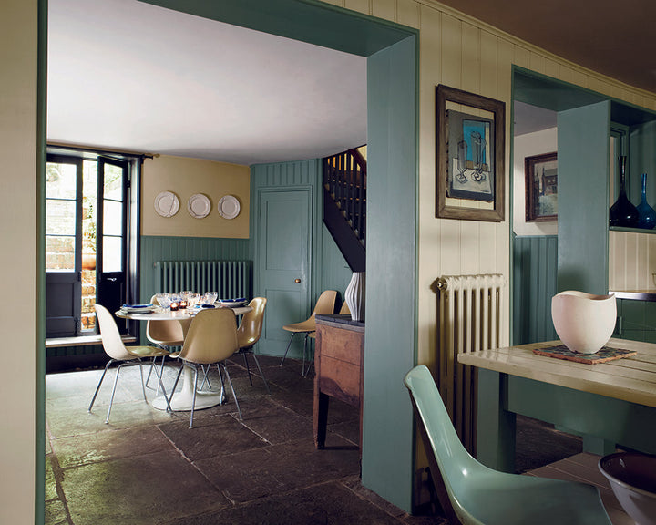 Card Room Green 79 paint by Farrow & Ball used in a cottage dining room