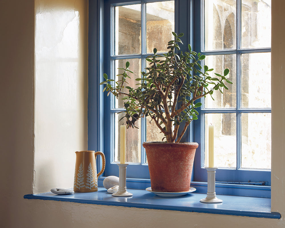 Cook's Blue 237 paint by Farrow & Ball used on the woodwork of a window