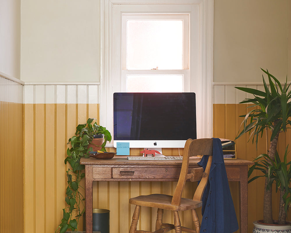 India Yellow 66 paint by Farrow & Ball used on panelling in a home study
