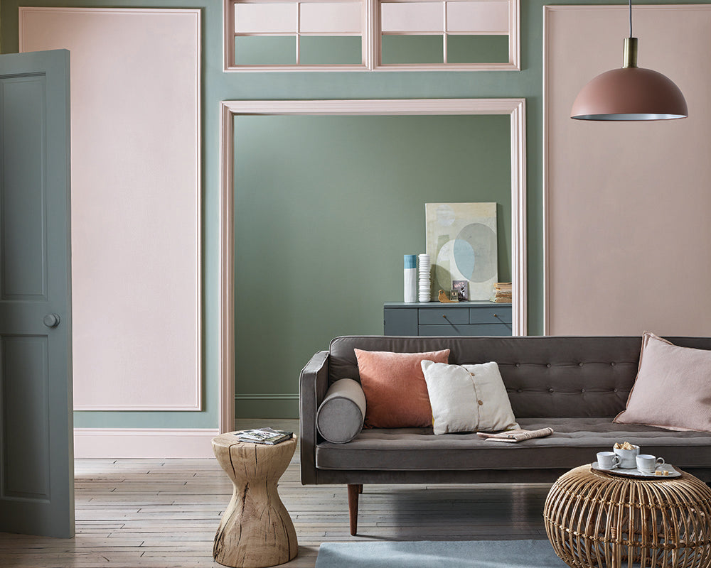 Lichen 19 paint by Farrow & Ball used on the walls of a living room