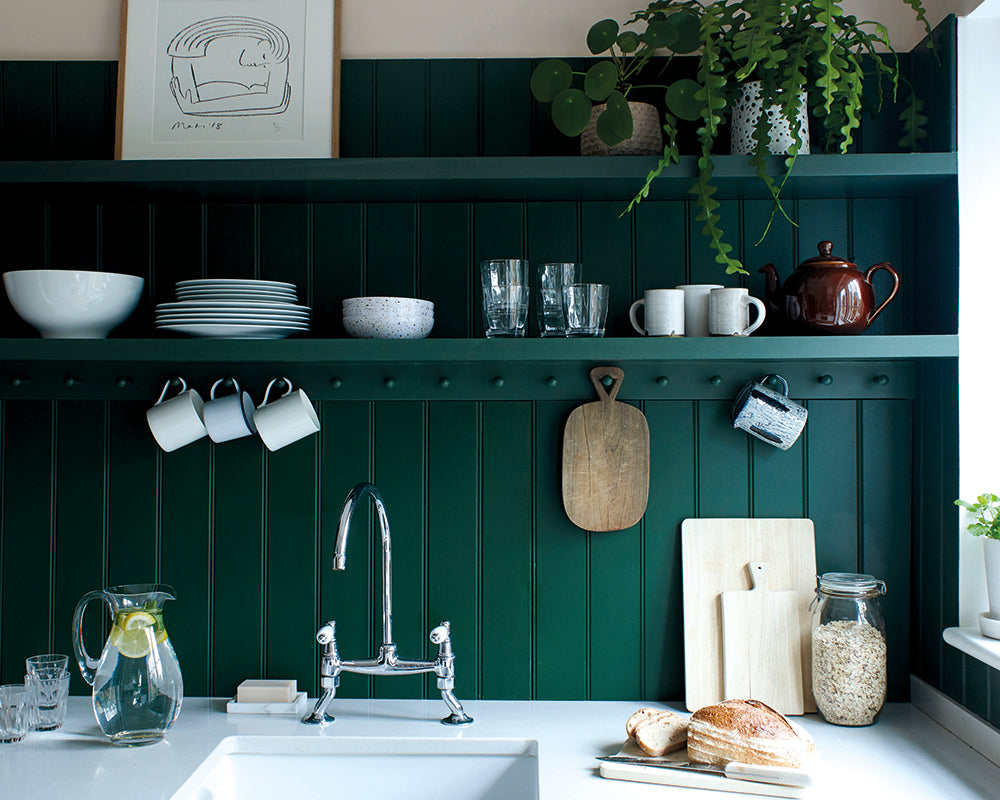 Farrow & Ball Duck Green W55 Paint on kitchen cabinets and woodwork