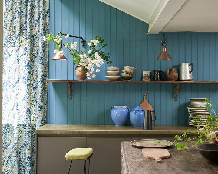 Farrow & Ball Sloe Blue 87 Paint on panelling in a kitchen