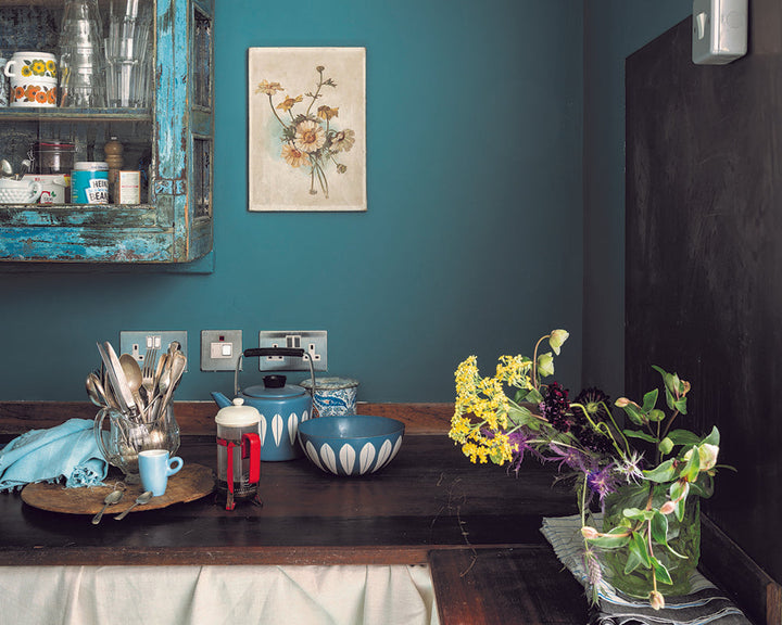 Vardo 288 paint by Farrow & Ball on the walls of a rustic kitchen