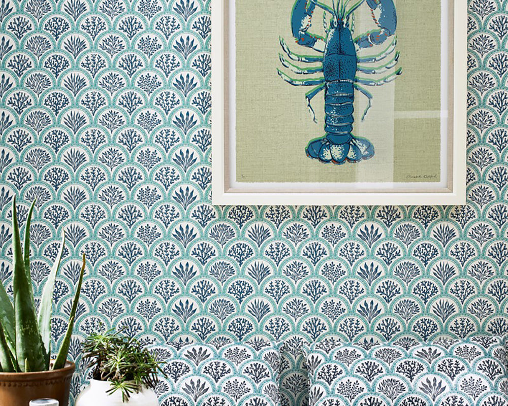 Jane Churchill Coralli Wallpaper in detail with a lobster picture