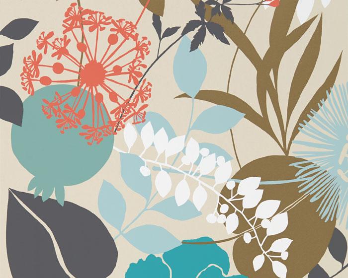 Harlequin Doyenne Sky/Olive/Coral 111493 Wallpaper