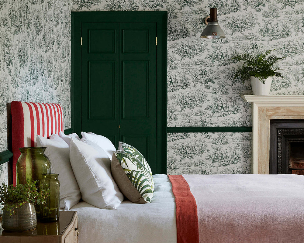 Little Greene Lovers' Toile Wallpaper in a bedroom