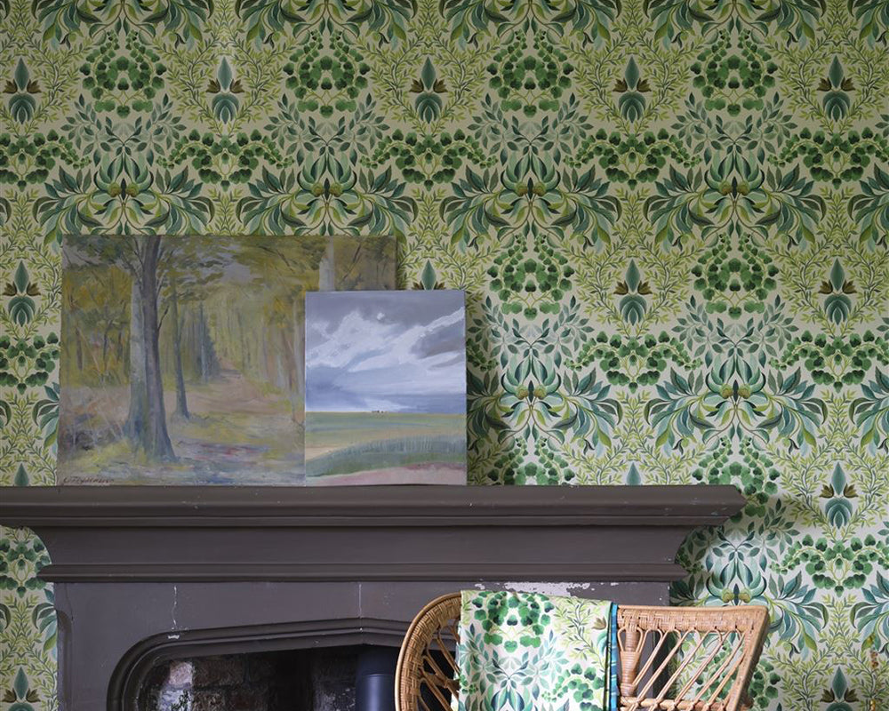 Designers Guild Karakusa Wallpaper on a wall