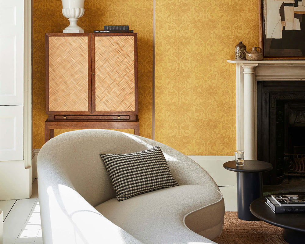 Little Greene Dahlia Scroll Wallpaper in a living room