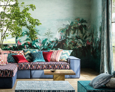 Clarke & Clarke Alberi Wallpaper used in a colourful living room