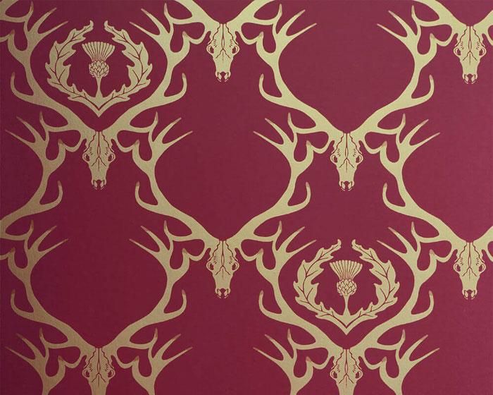 Barneby Gates Deer Damask in Claret/Gold Wallpaper BG0100402