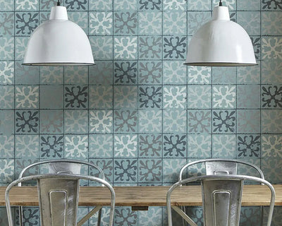 Barneby Gates Fleur de Lys Tile Wallpaper in Canteen Blue in a kitchen set up