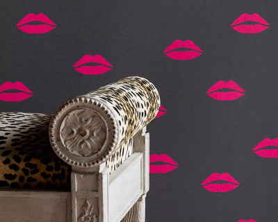 Barneby Gates x Tabitha Webb Lips wallpaper in Hot Pink on Grey with bench close up
