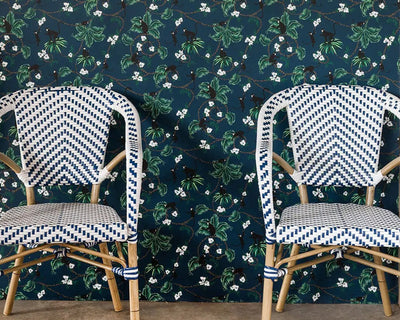 Barneby Gates x Tabitha Webb Monkey wallpaper in Dutch Blue with chairs