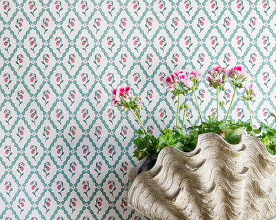 Barneby Gates Wild Strawberry Trellis Wallpaper with flowers