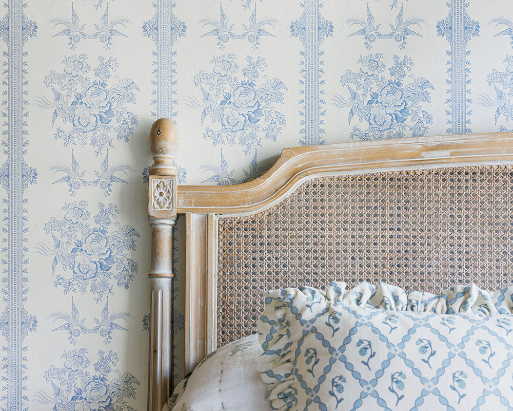 Barneby Gates Asiatic Pheasant Wallpaper Collaboration with Burleigh in a bedroom