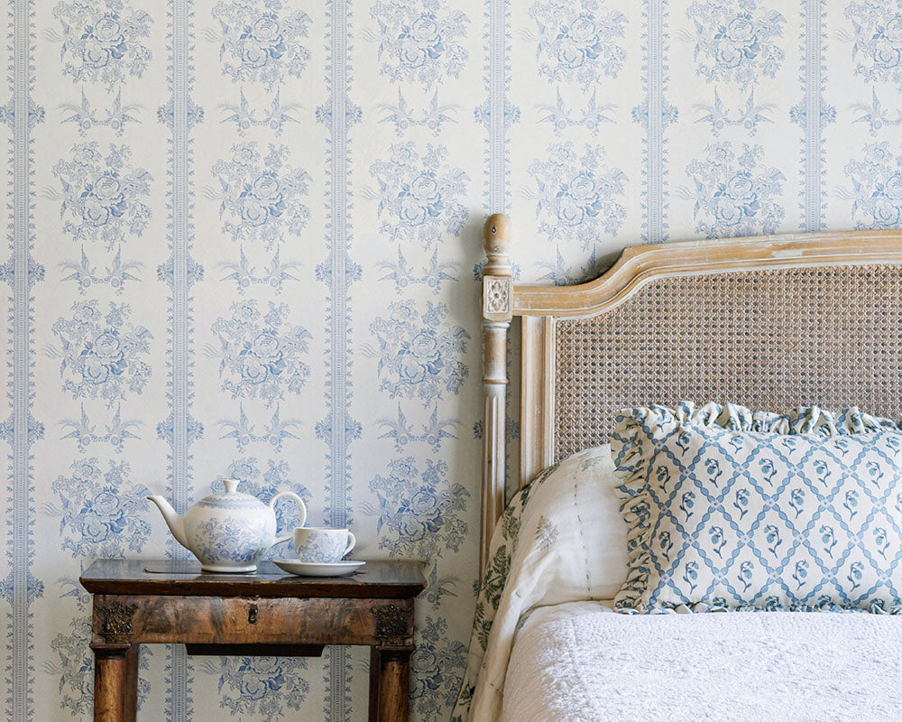 Barneby Gates Asiatic Pheasant Wallpaper Collaboration with Burleigh on a bedroom wall