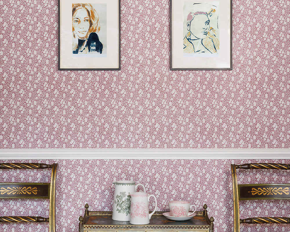 Barneby Gates Calico Wallpaper Collaboration with Burleigh with chairs 