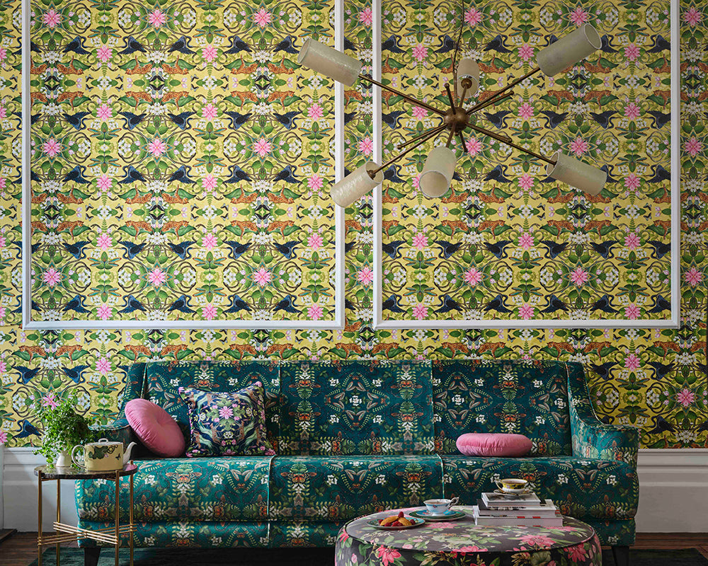 Clarke & Clarke Wunderlust Tea Story Wallpaper in a living room