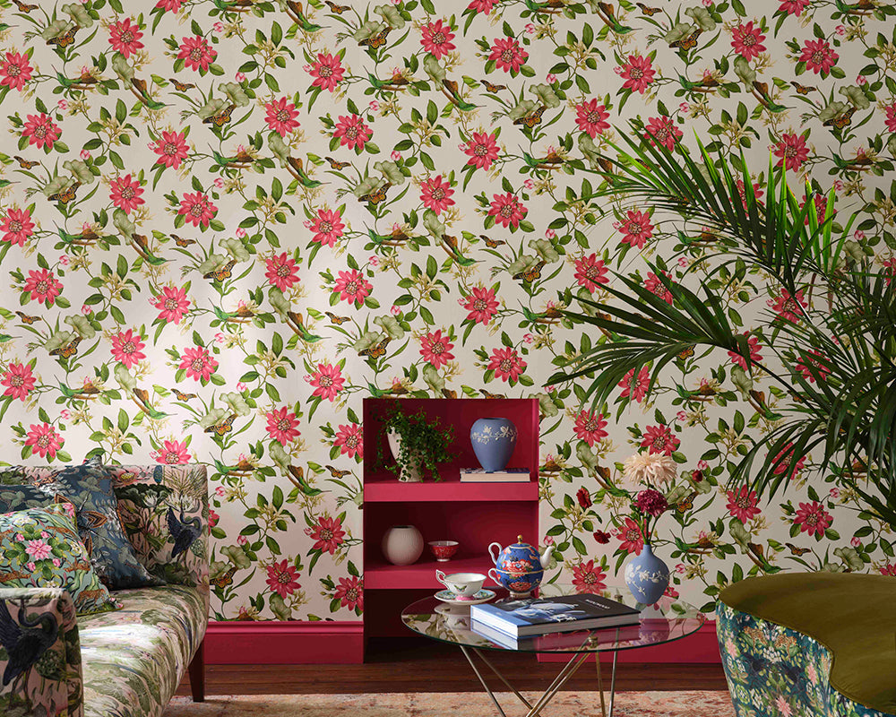 Clarke & Clarke Pink Lotus Wallpaper shown in a home