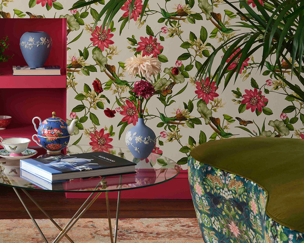 Clarke & Clarke Pink Lotus Wallpaper shown in a home