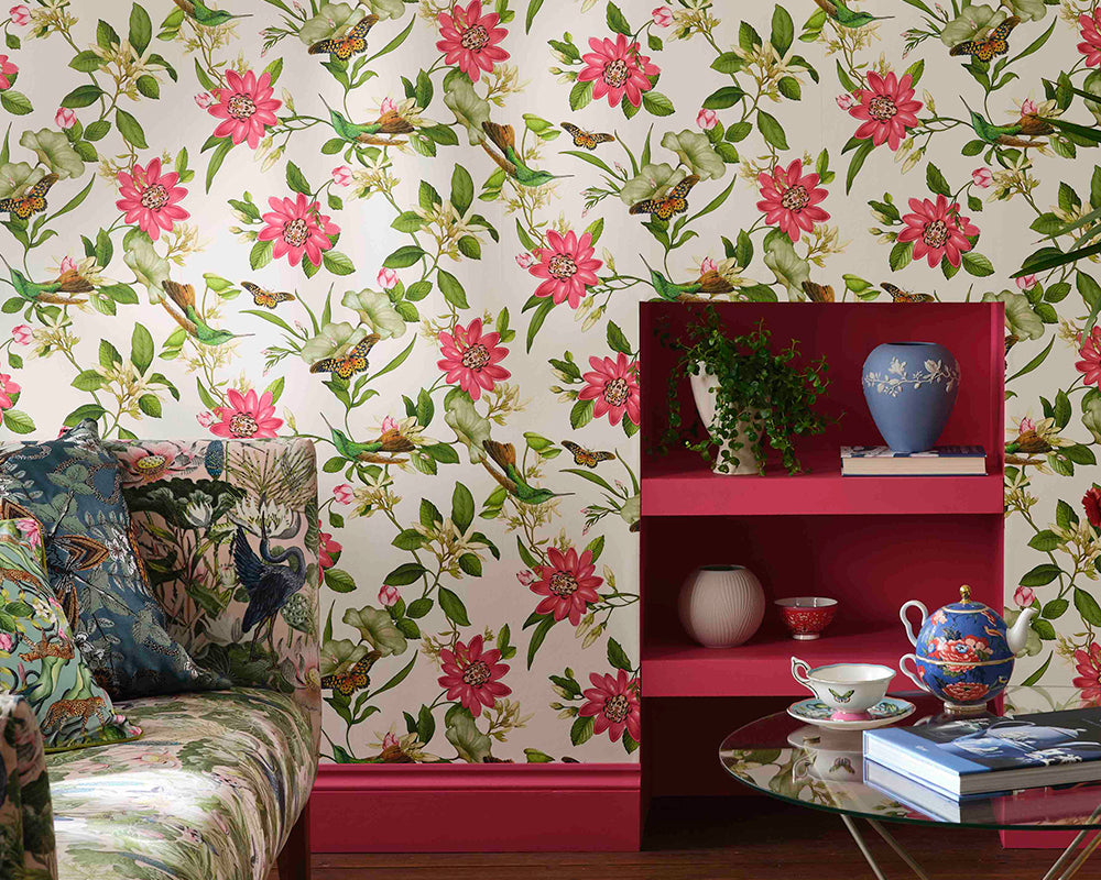 Clarke & Clarke Pink Lotus Wallpaper in a living room