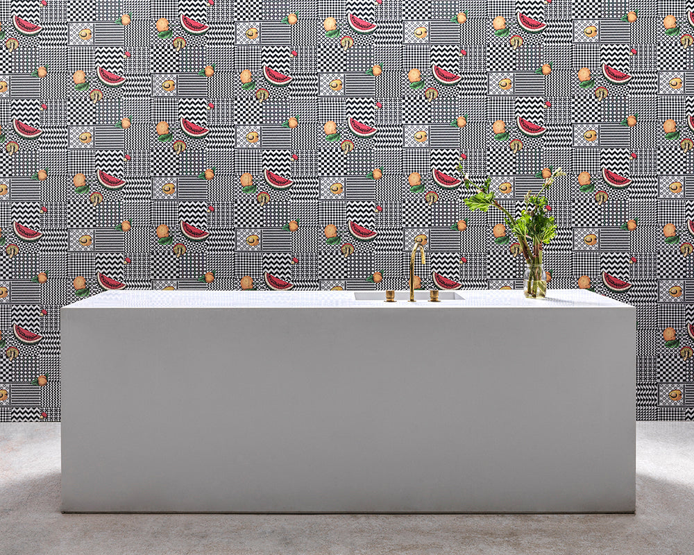 Cole & Son Frutta e Geometrico Wallpaper on a kitchen wall