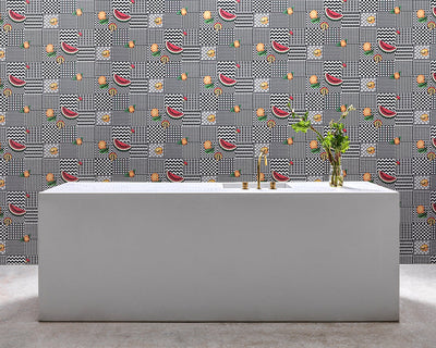 Cole & Son Frutta e Geometrico Wallpaper on a kitchen wall