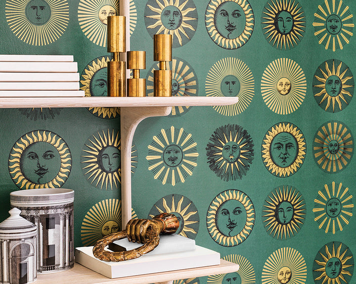 Cole & Son Soli Wallpaper behind a bookshelf