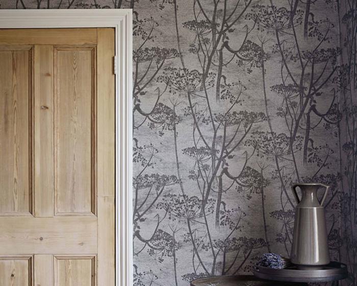 White and Yellow Powder Room with Cow Parsley Wallpaper - Transitional -  Bathroom