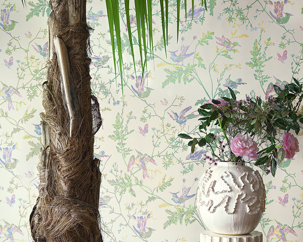 Cole & Son Hummingbirds Wallpaper in Blush, Sage & Mulberry on Cream detail
