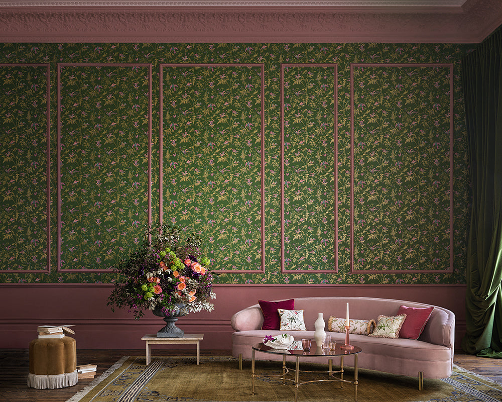 Cole & Son Hummingbirds Wallpaper in Fuchsia on Racing Green in a livingroom set up