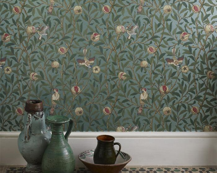 Morris & Co Bird & Pomegranate Turquoise/Coral 216453 Wallpaper