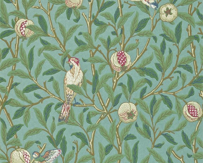 Morris & Co Bird & Pomegranate Turquoise/Coral 216453 Wallpaper