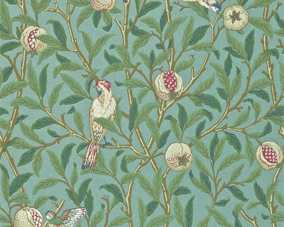 Morris & Co Bird & Pomegranate Turquoise/Coral 216453 Wallpaper