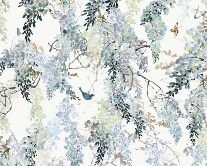 Sanderson Wisteria Falls Panel A Aqua 216298 Wallpaper