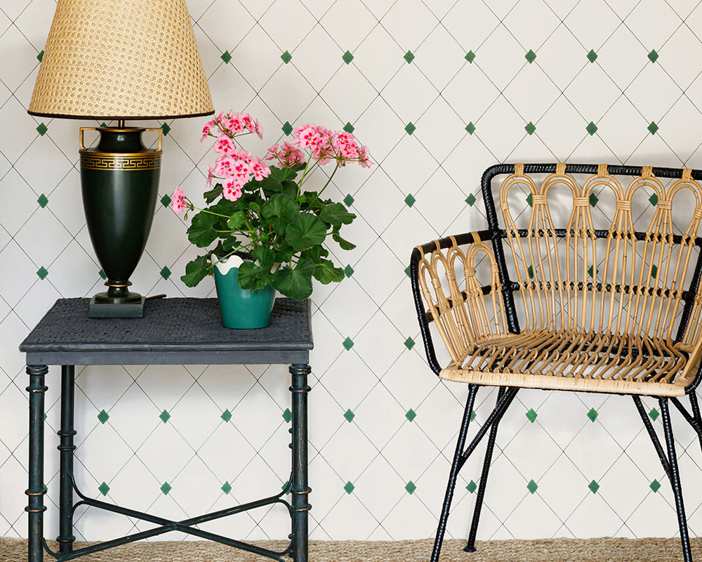 Barneby Gates Diamond Trellis Wallpaper in a hallway