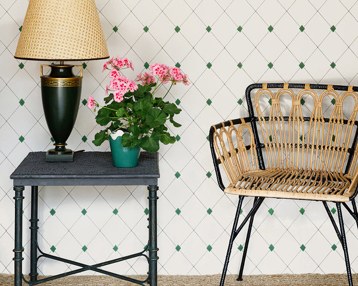 Barneby Gates Diamond Trellis Wallpaper in a hallway